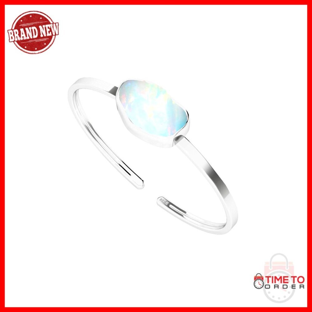 Sterling Silver Adjustable Opal Bangle Bracelet, October Birthstone Jewelry